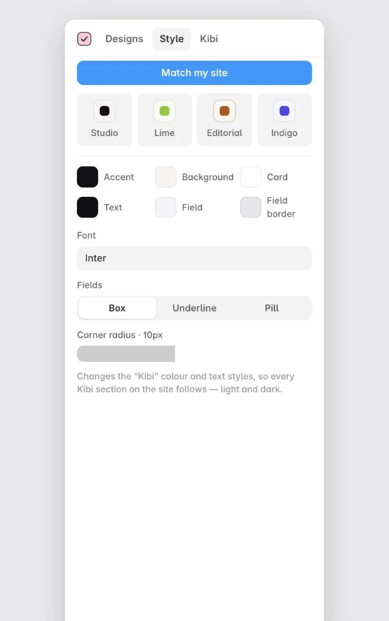 Kibi Forms Style tab with colour, font and field shape options