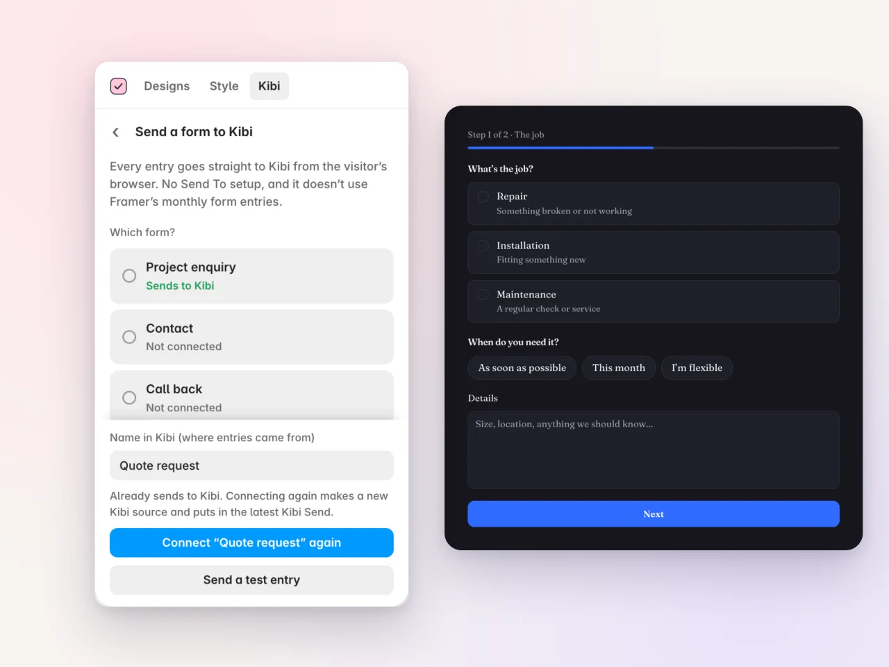 Framer form connected to Kibi with an entry saved before confirmation