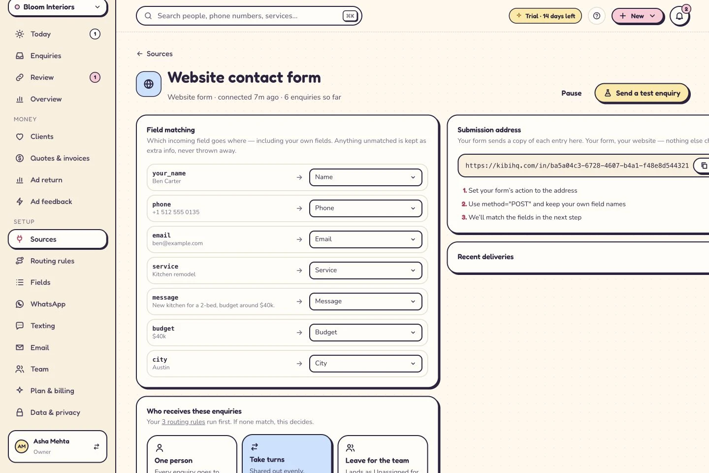 Website-form field matching for name, phone, email, service, message, budget and city.