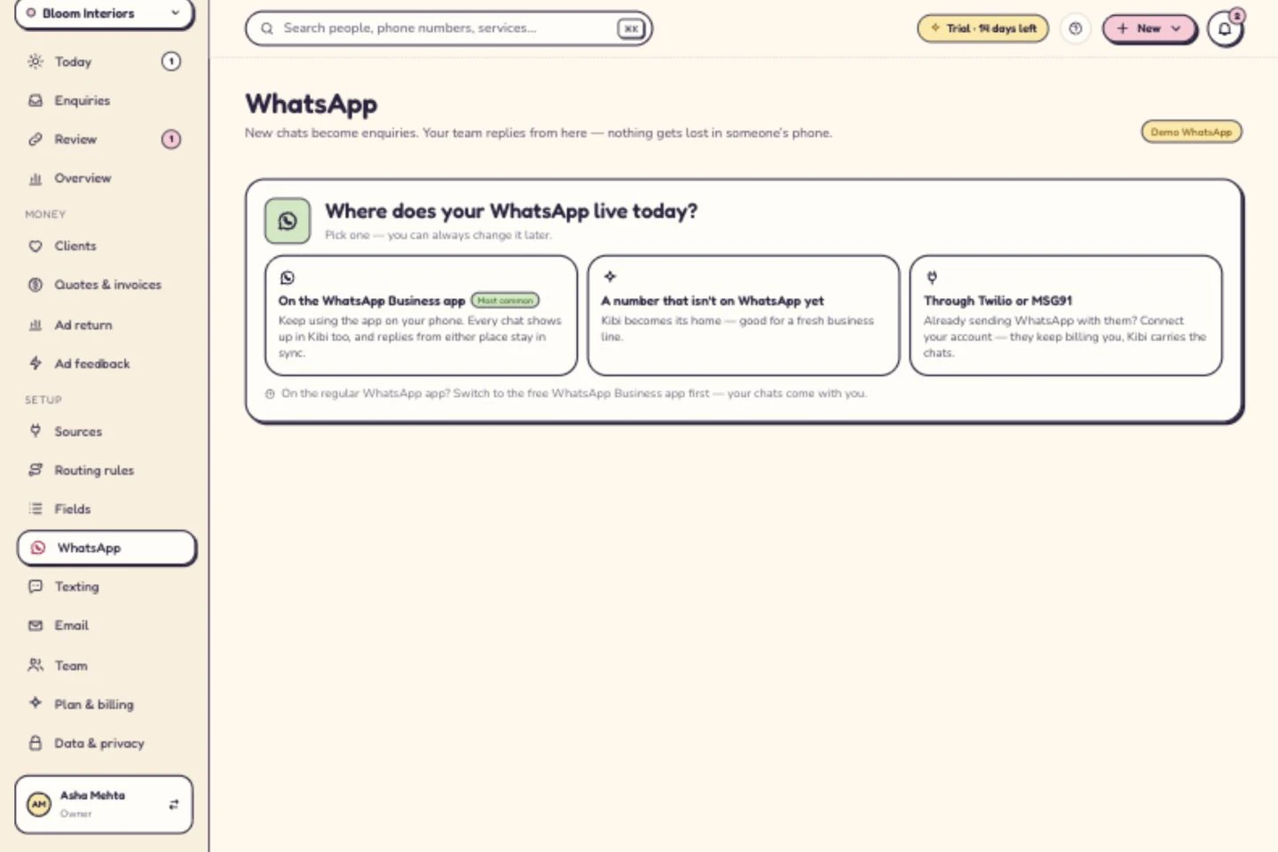 WhatsApp setup choices: Business app, a fresh number, or Twilio and MSG91.