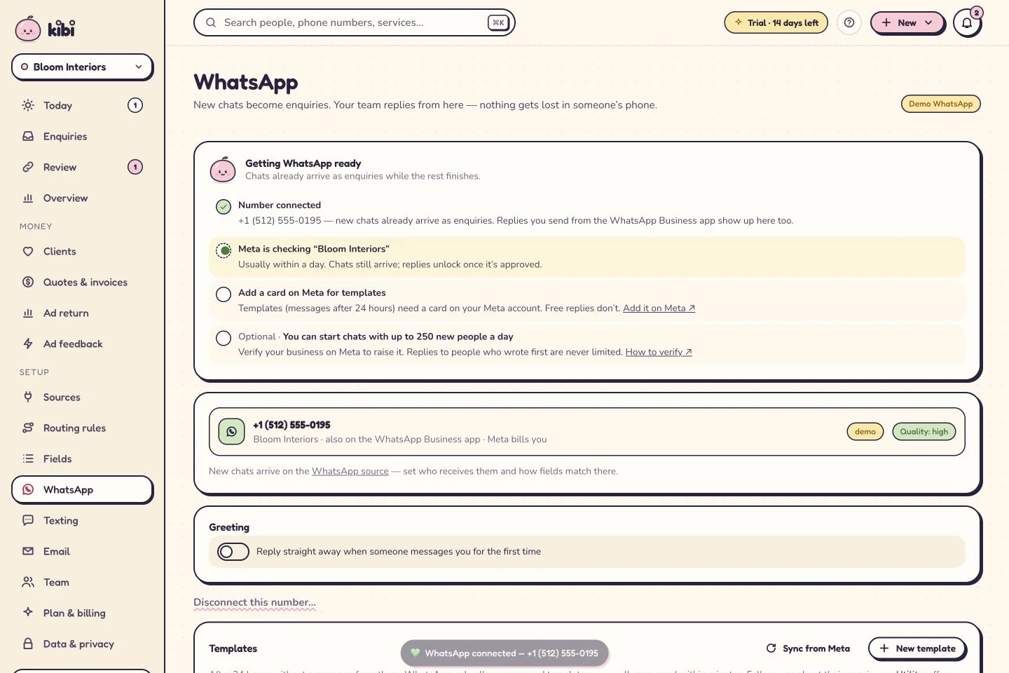 Getting WhatsApp ready checklist with chats arriving, display-name review, templates card and verification.