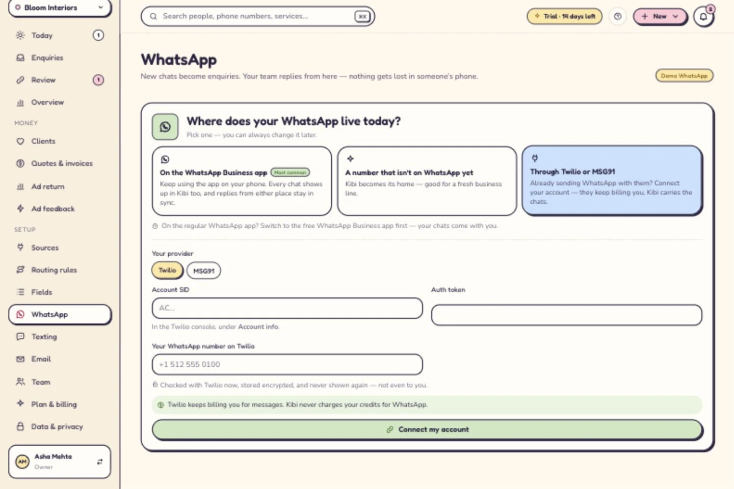 Kibi Twilio setup fields for account SID, auth token and the WhatsApp number.