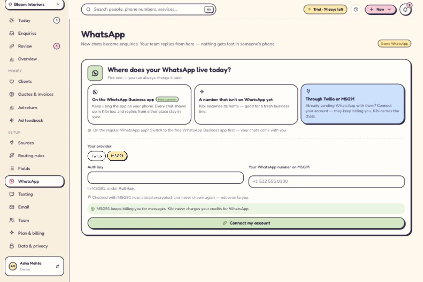 Kibi MSG91 setup fields for auth key and the WhatsApp number.