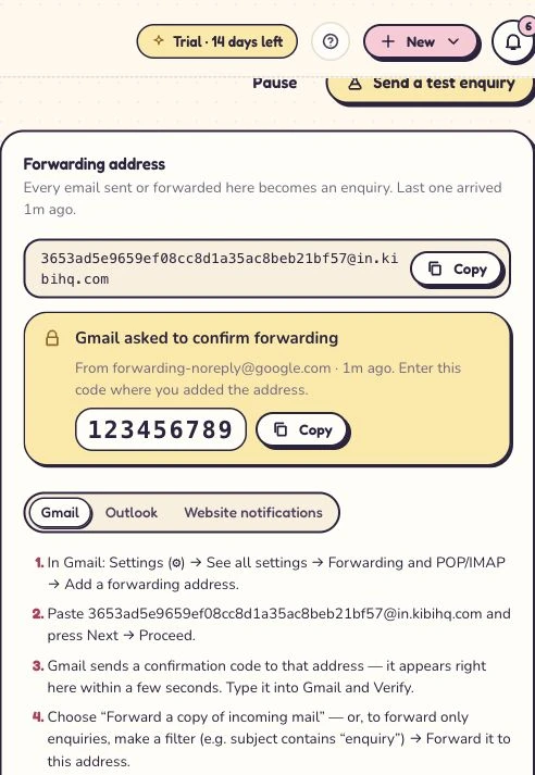 Kibi forwarding inbox showing the synthetic Gmail confirmation code and setup steps.