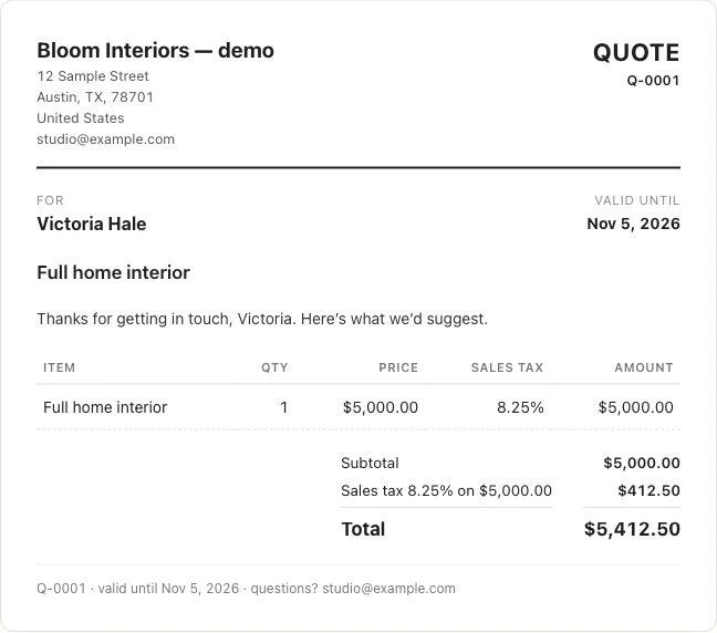Demo quote Q-0001 for Victoria’s full home interior.