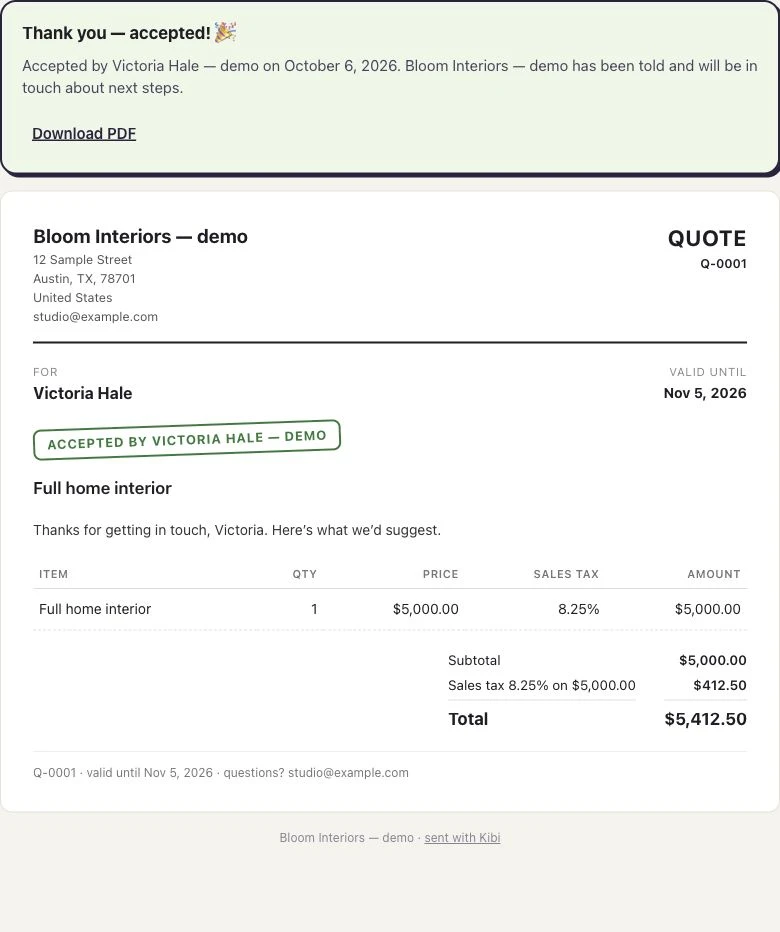 Accepted quote Q-0001 in Kibi’s demo customer view.