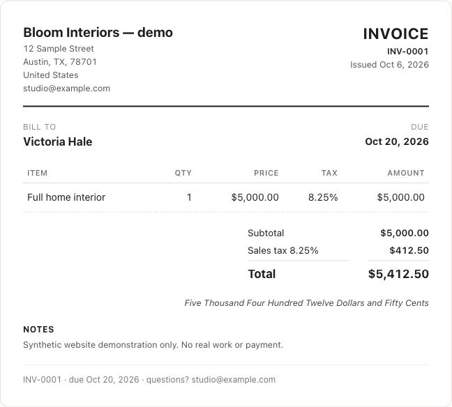 A real invoice for Victoria in Kibi’s synthetic demo workspace