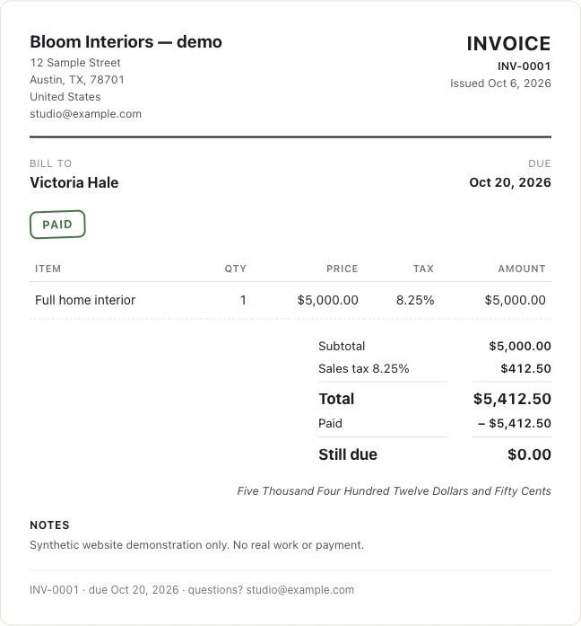 Demo invoice marked paid after a simulated manual payment.